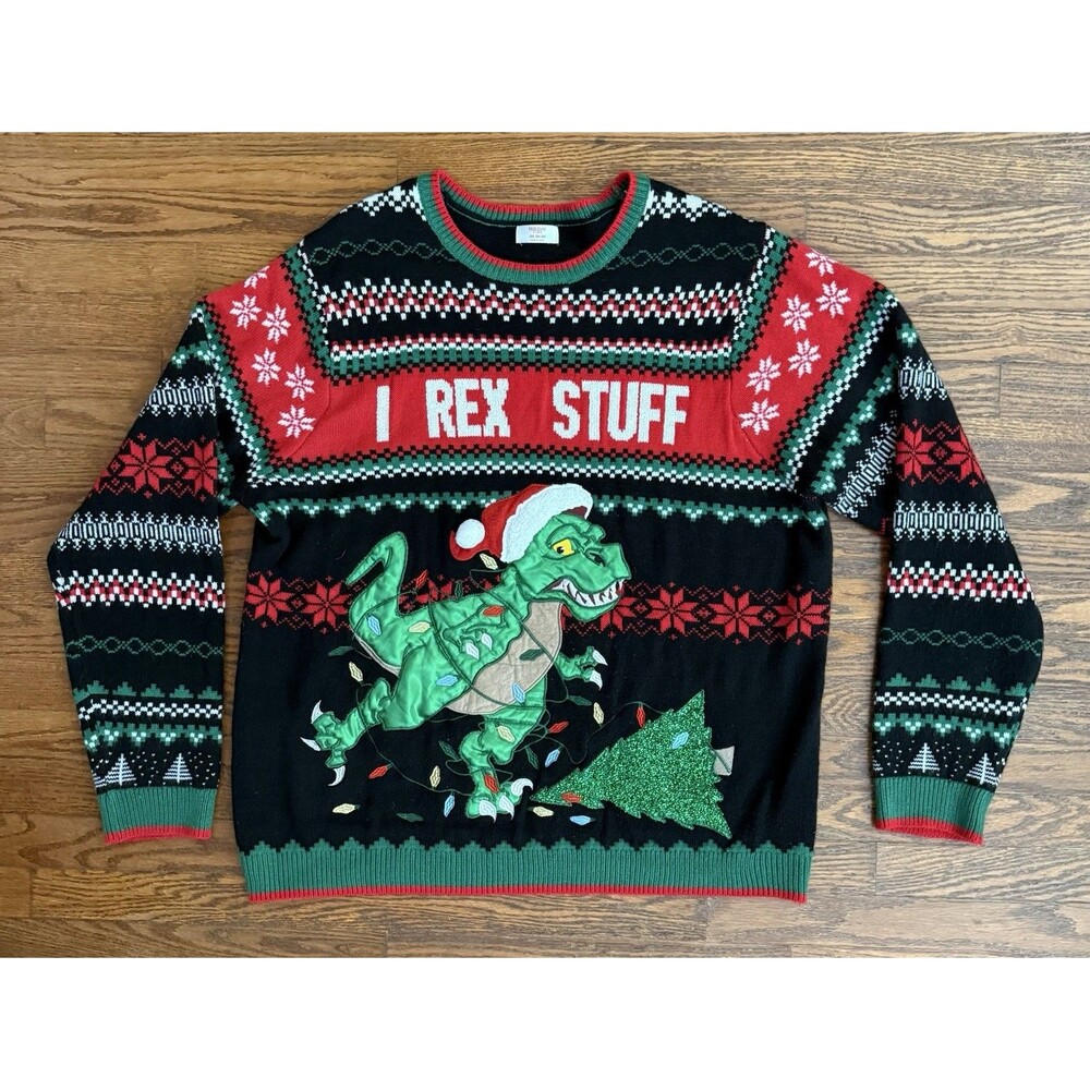 Holiday Time Christmas Sweater Mens 3XL I Rex Stuff Pullover Ugly T-Rex Dinosaur